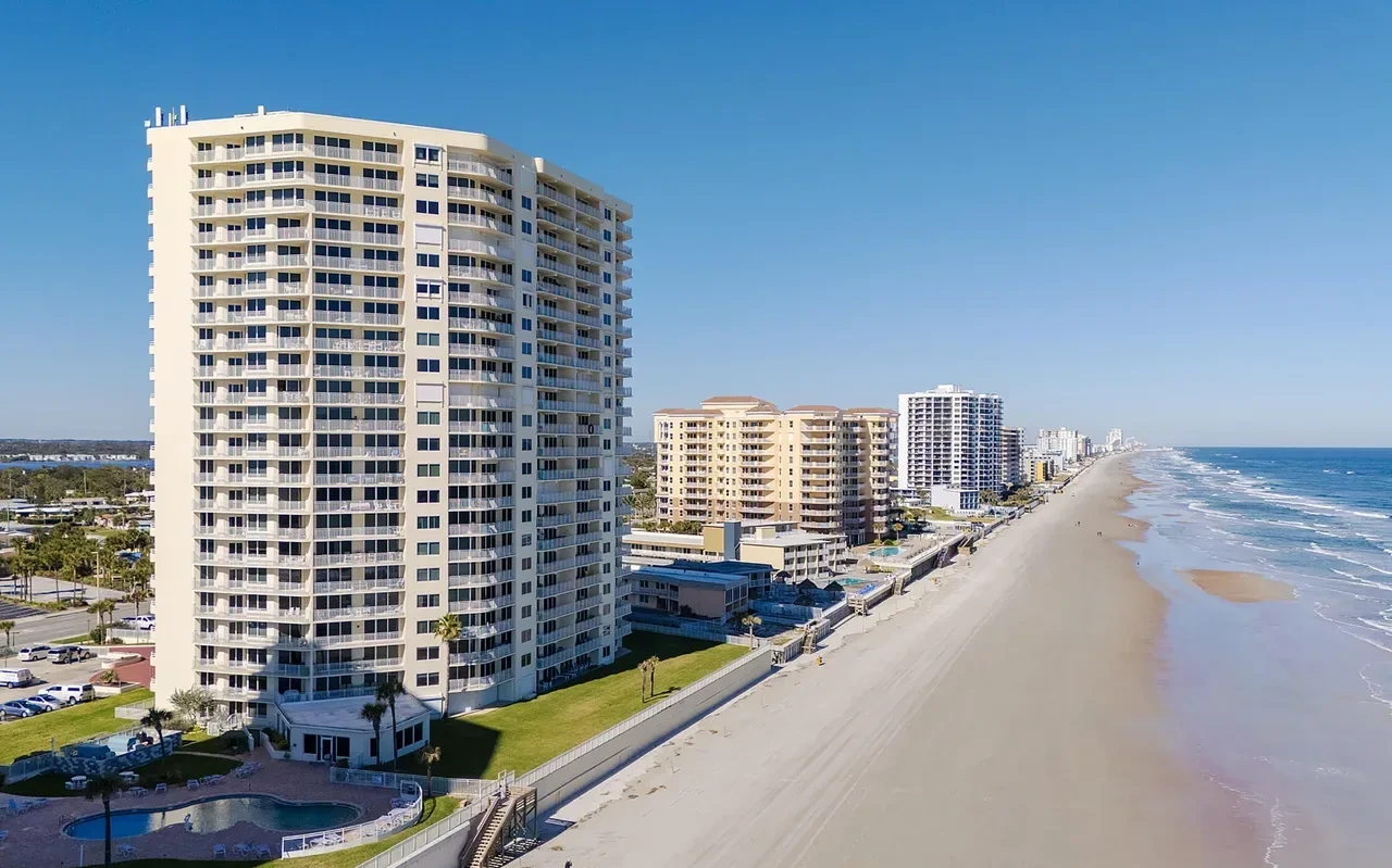 Drone view of The Peninsula building on Daytona Beach Shores