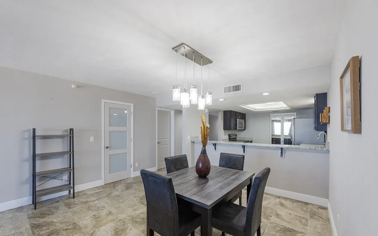 Dining area with farmhouse pendant lighting