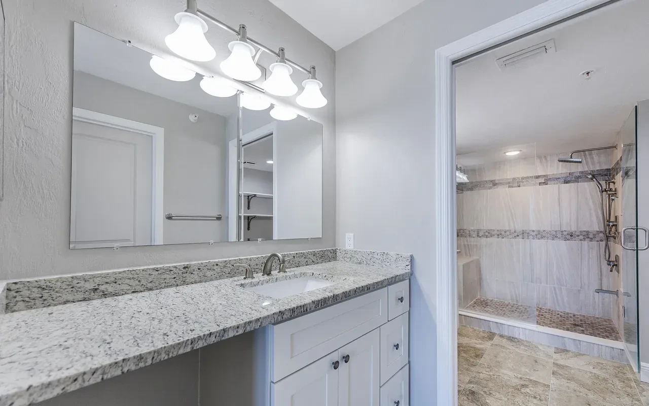 Primary bath with double vanity and walk-in shower